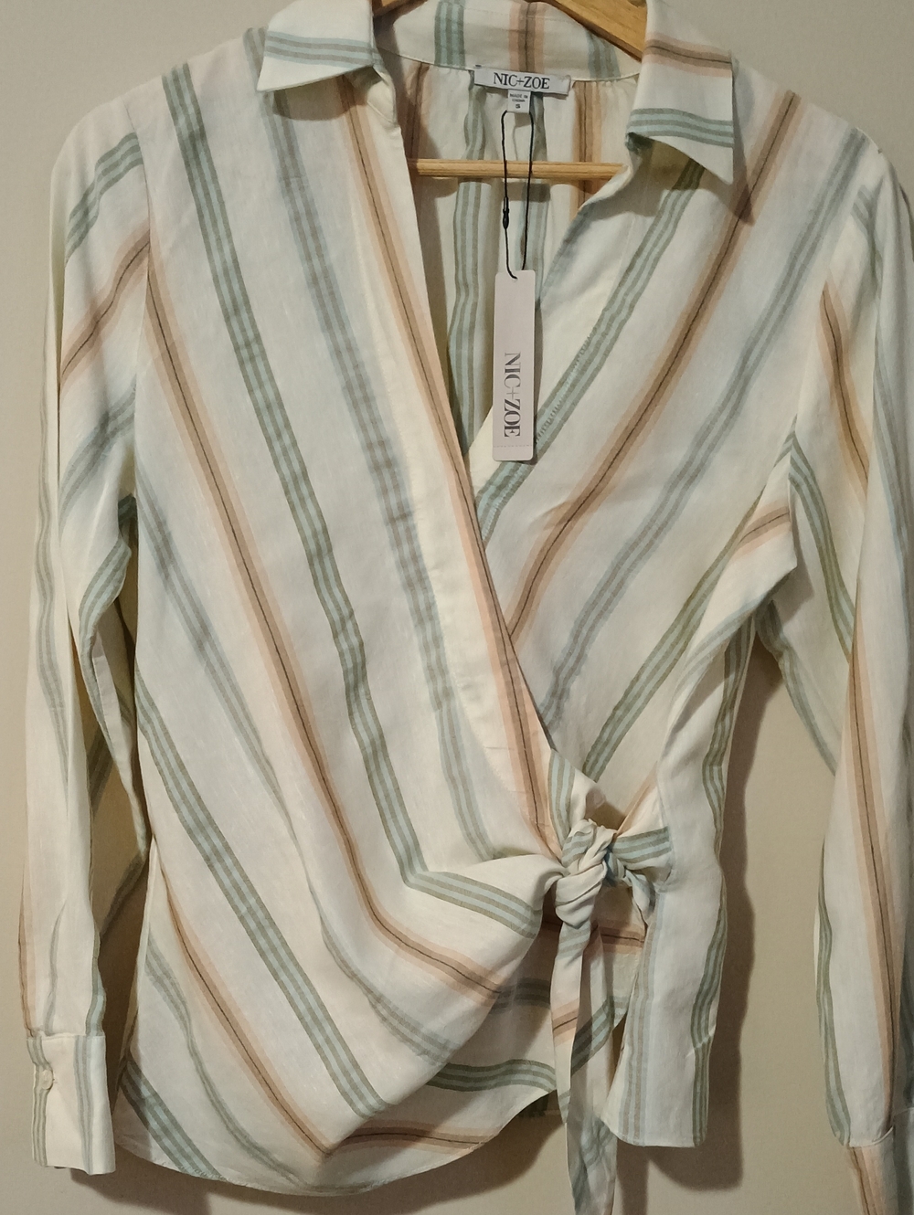 NWTS NIC+ZOE Striped Weekly Wrap Woven Top Blouse Neutral Multi Small l